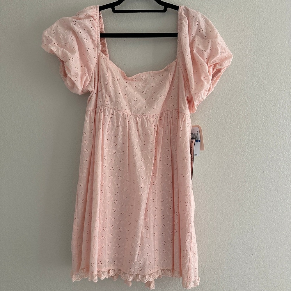 City Studio Eyelet Mini Dress Women XL Pink Puff Sleeve Babydoll Square Neck NEW